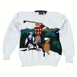 Vintage Hathaway Hand Intarsia Scene Sweater Off White Cotton Size Large